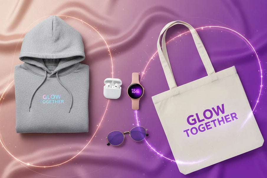 A coordinated flat-lay featuring a folded gray hoodie with 'GLOW TOGETHER' text, a cream tote bag with larger purple 'GLOW TOGETHER' text, a smartwatch, earbuds case, sunglasses, and a small round watch on a pink-to-purple draped fabric background with glowing circular light effects.